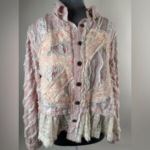 POL PATCHWORK LACE BUTTON FRONT JACKET TOP